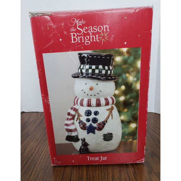Vintage Make The Season Bright Snowman with Black Top Hat Treat Jar - Picture 1 of 6